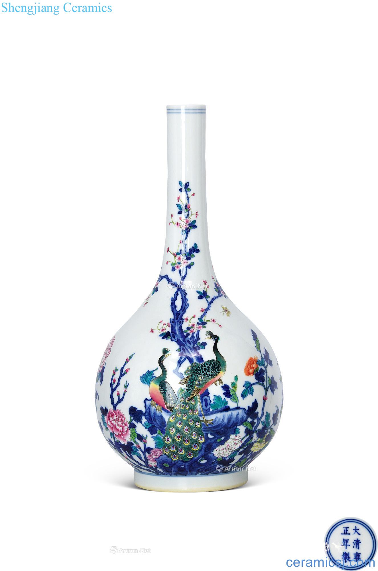 Yongzheng blue-and-white pastel landscape painting of flowers and grain length to diameter bottle