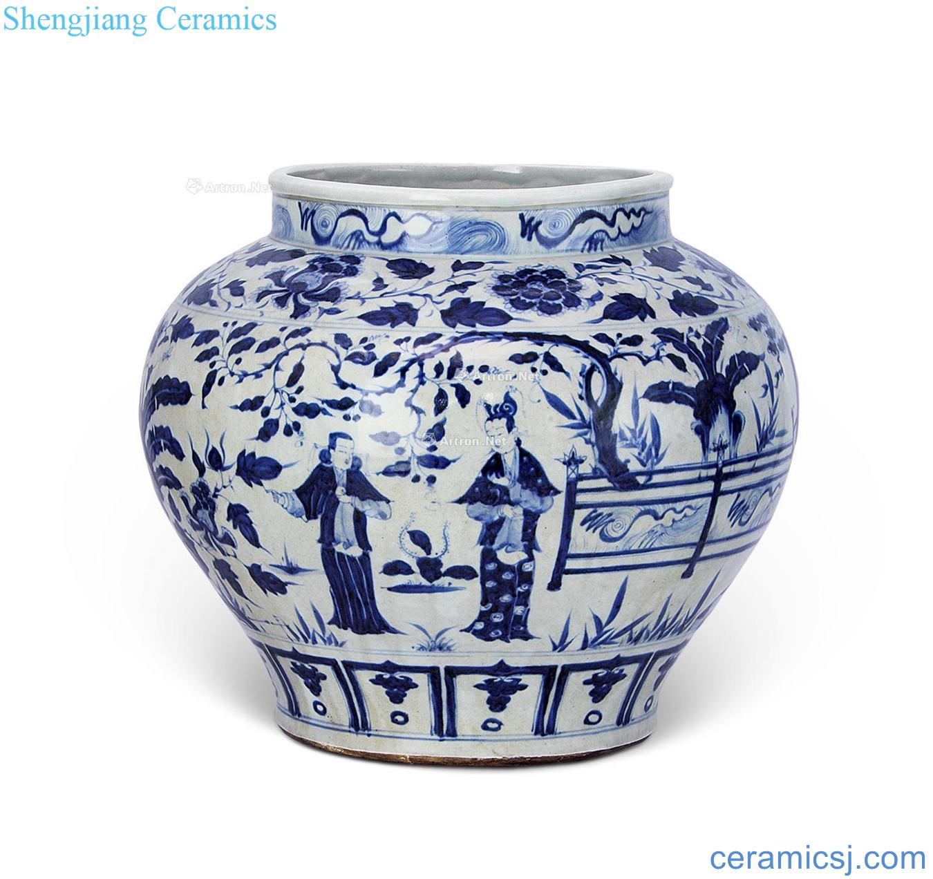 yuan Blue and white brocade pavilion stories of large tank