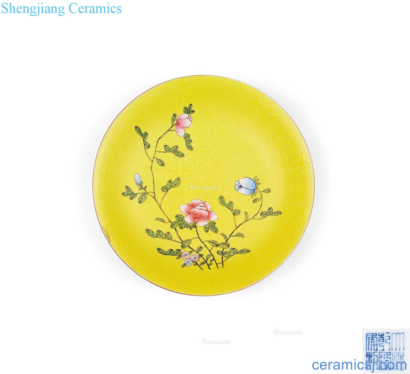 Qing qianlong yellow rolling way pastel flowers tray