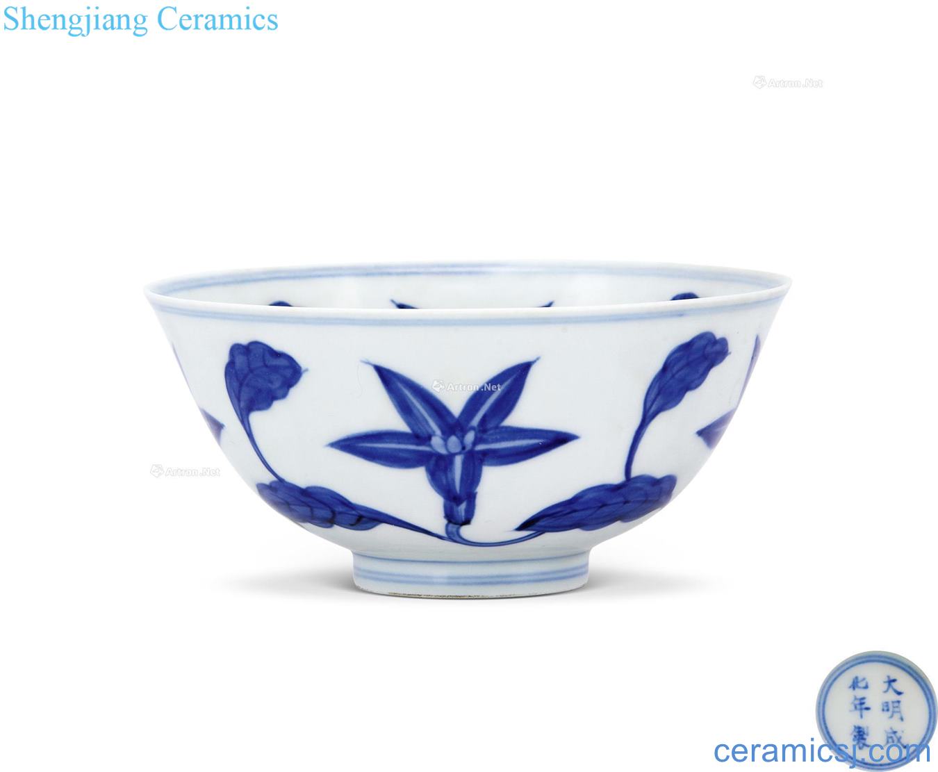 Ming chenghua Gardenia blue and white tie up branches flowers green-splashed bowls