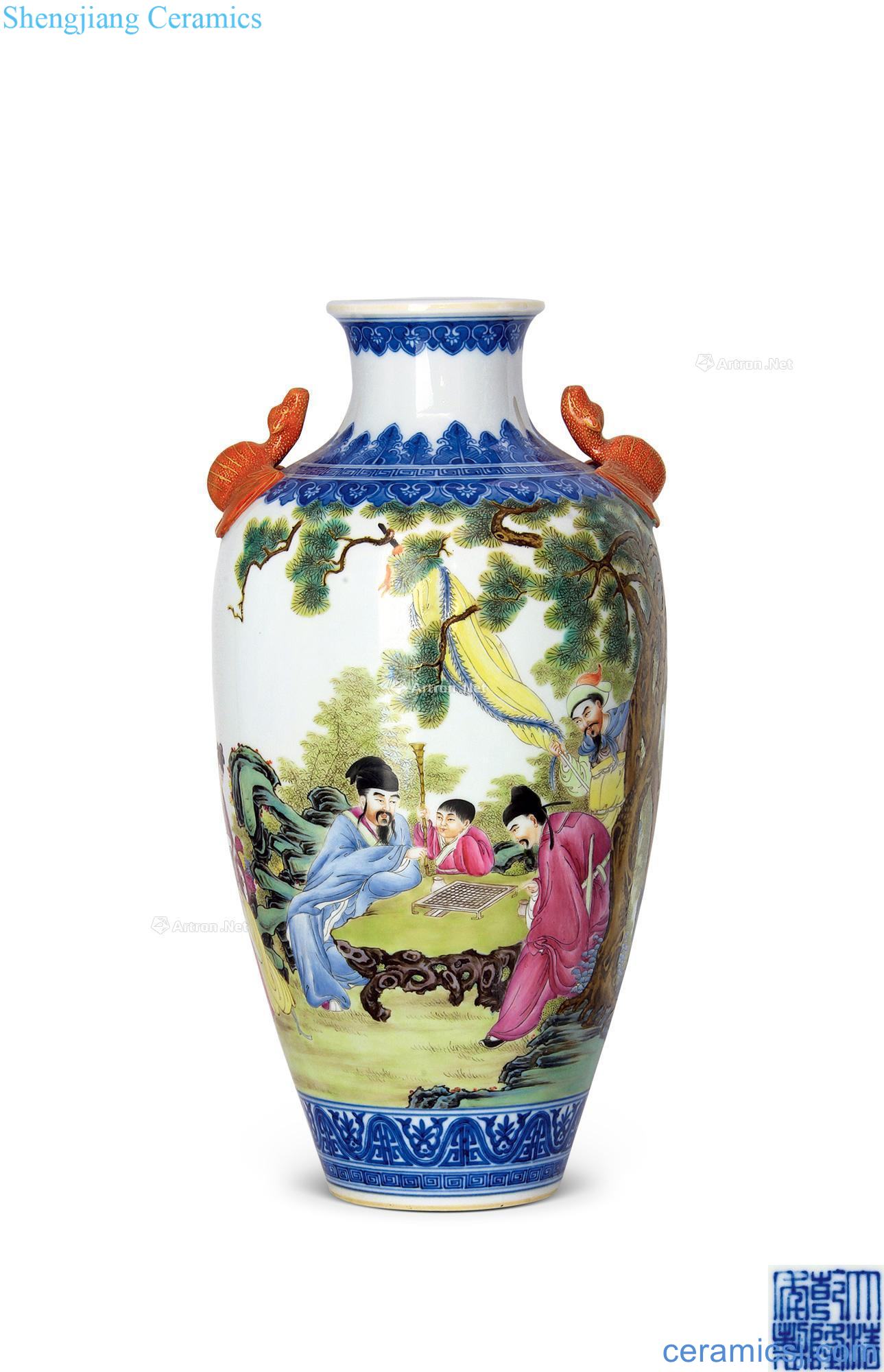 Qianlong blue-and-white pastel landscape character double ears