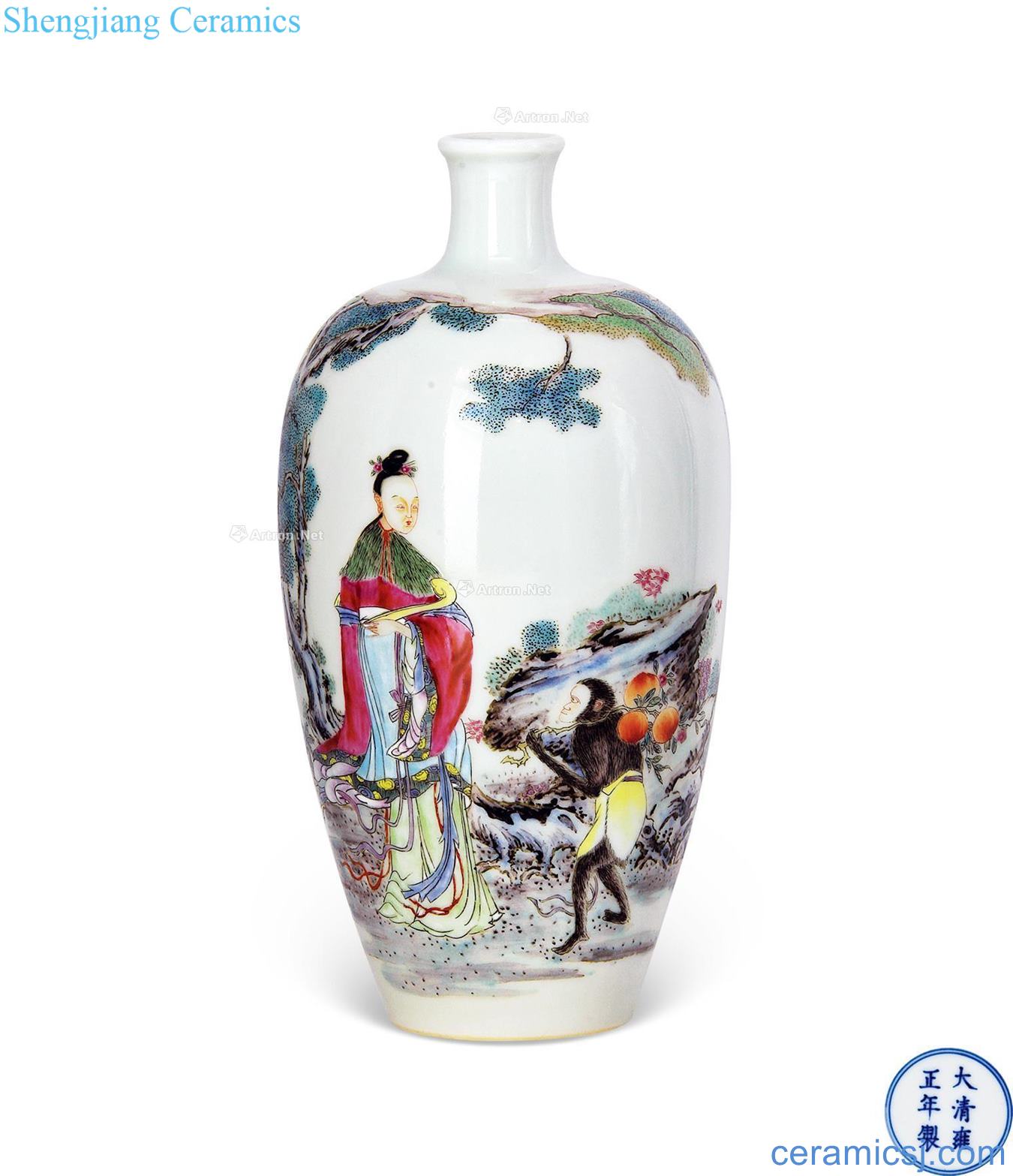 Yongzheng pastel landscape one monkey straight flask