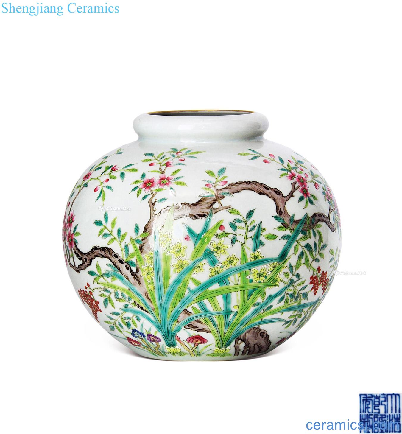Qianlong pastel landscape painting of flowers and grain dish cans