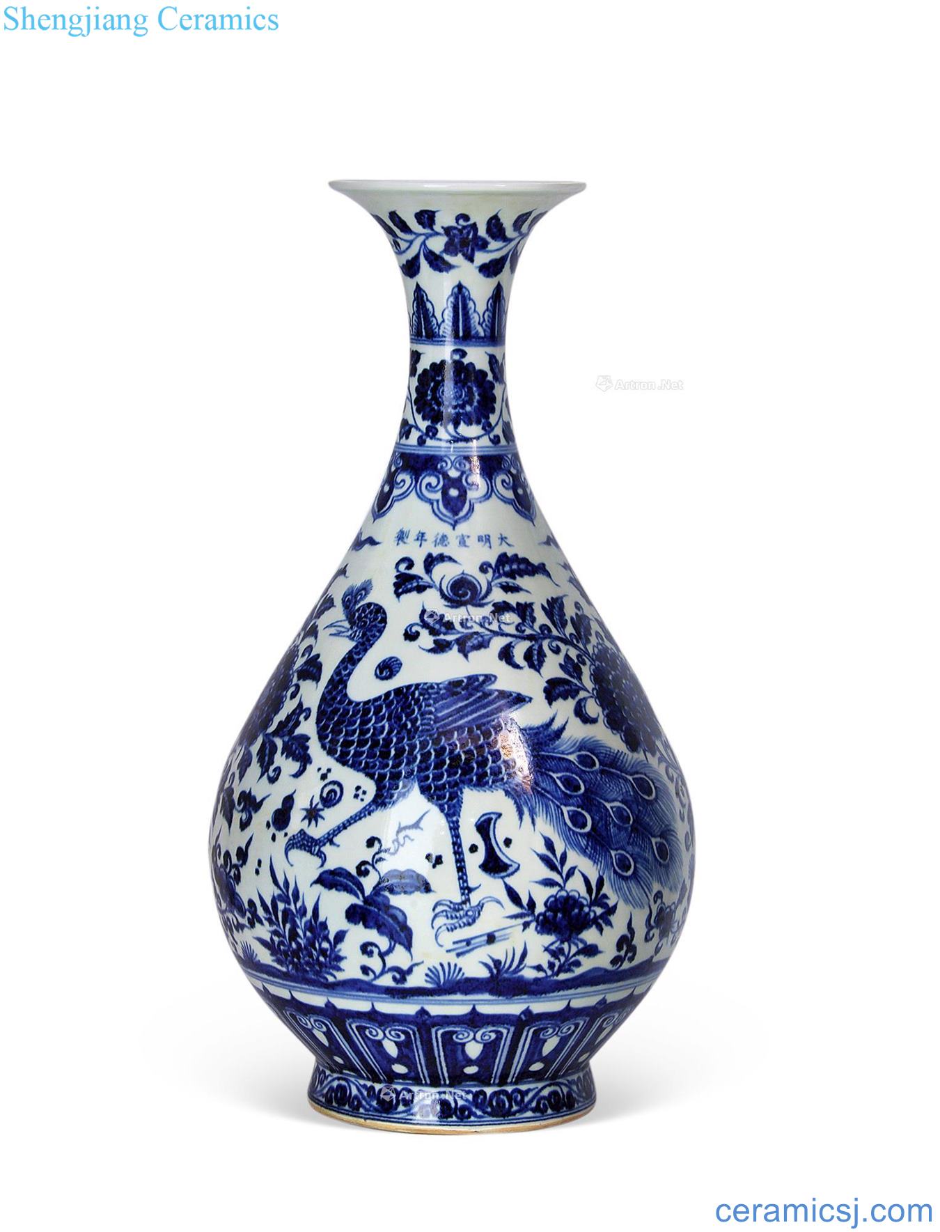 Ming xuande Blue peacock peony grains okho spring bottle