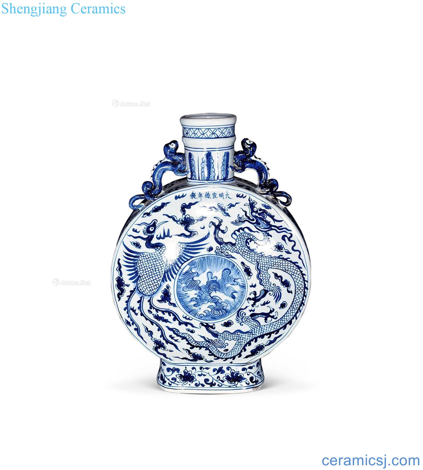 Ming xuande Blue and white longfeng grain flat bottles