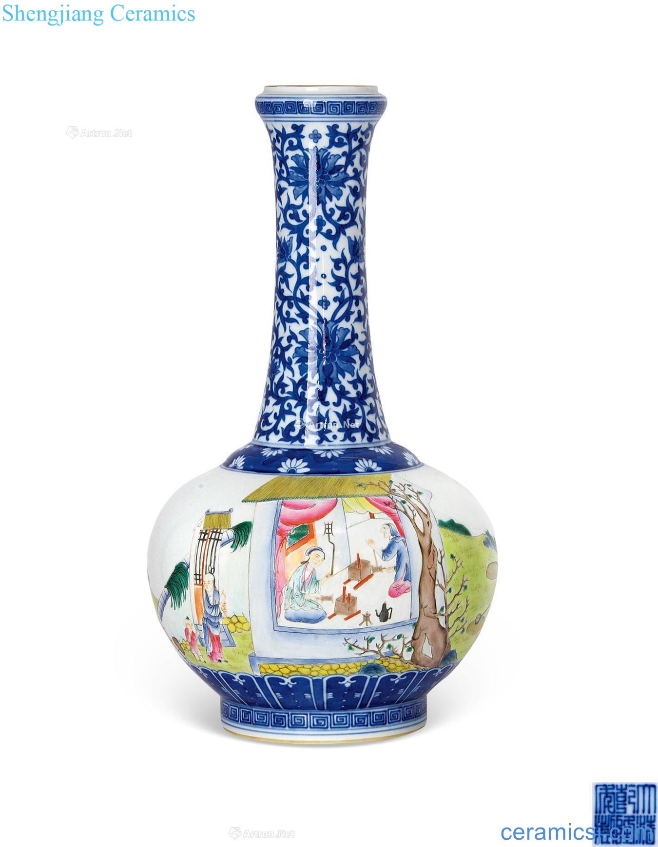 Qianlong blue-and-white pastel landscape characters straight flask