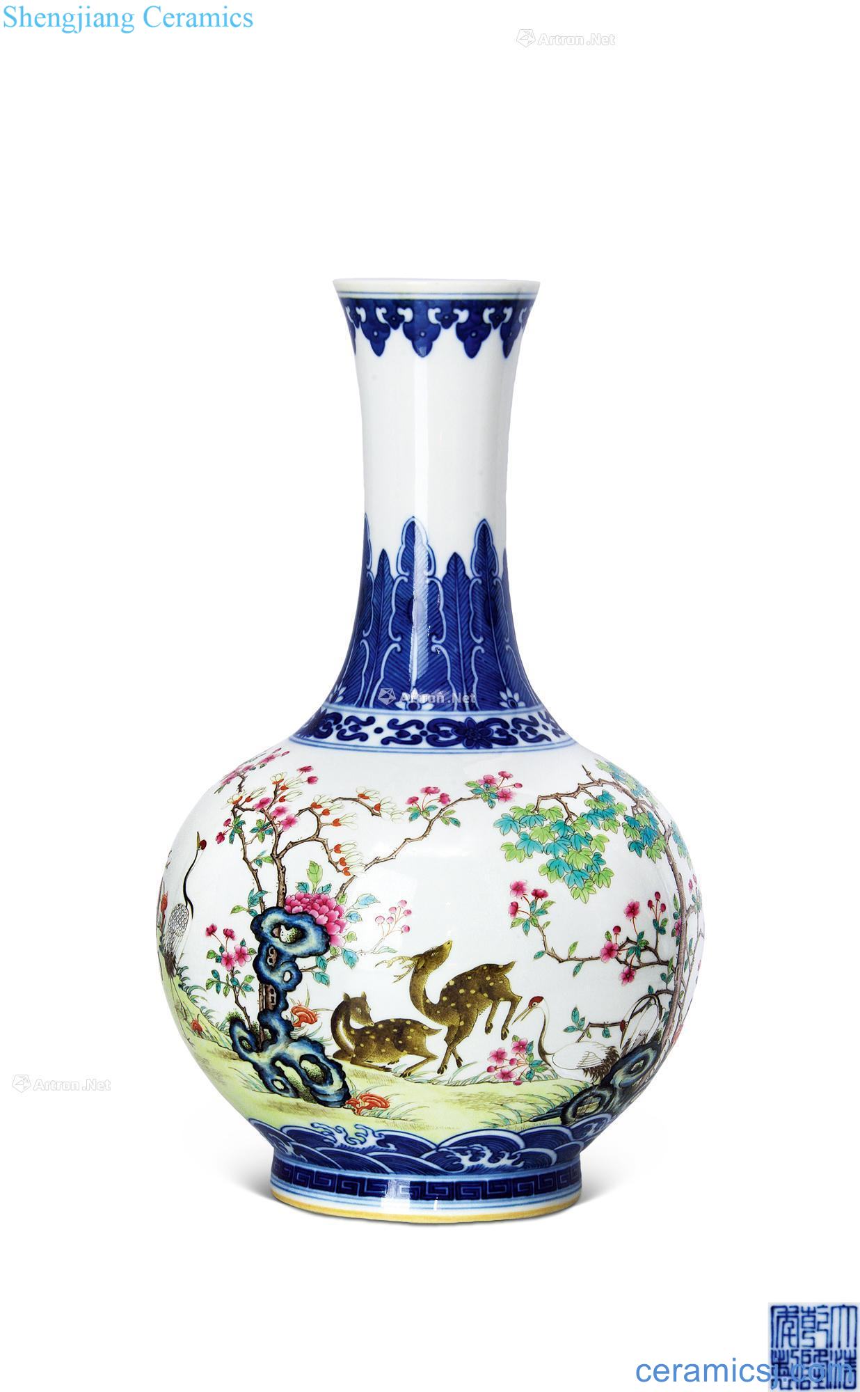 Qianlong blue-and-white pastel landscape painting of flowers and LuoWen bottle