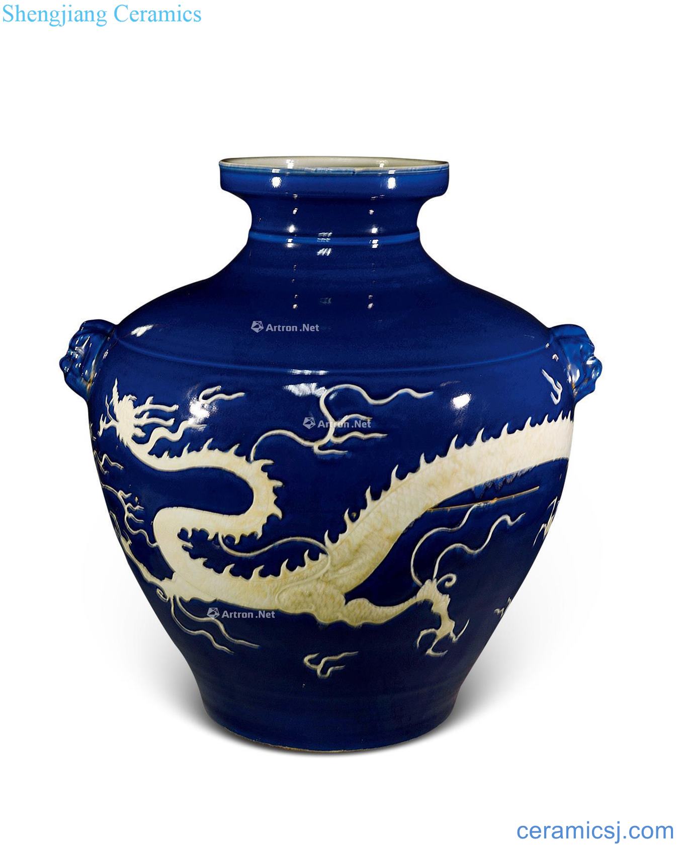 Ji blue glaze in early Ming dynasty carved dragon HeChi grain canister to shop first