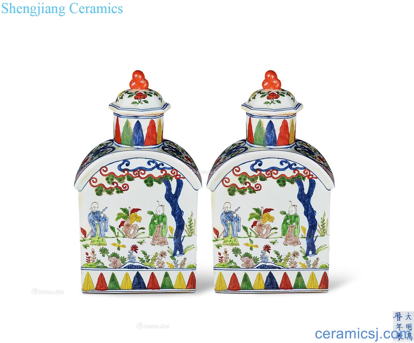 Ming wanli Colorful characters story lines square bottle with cover (a)