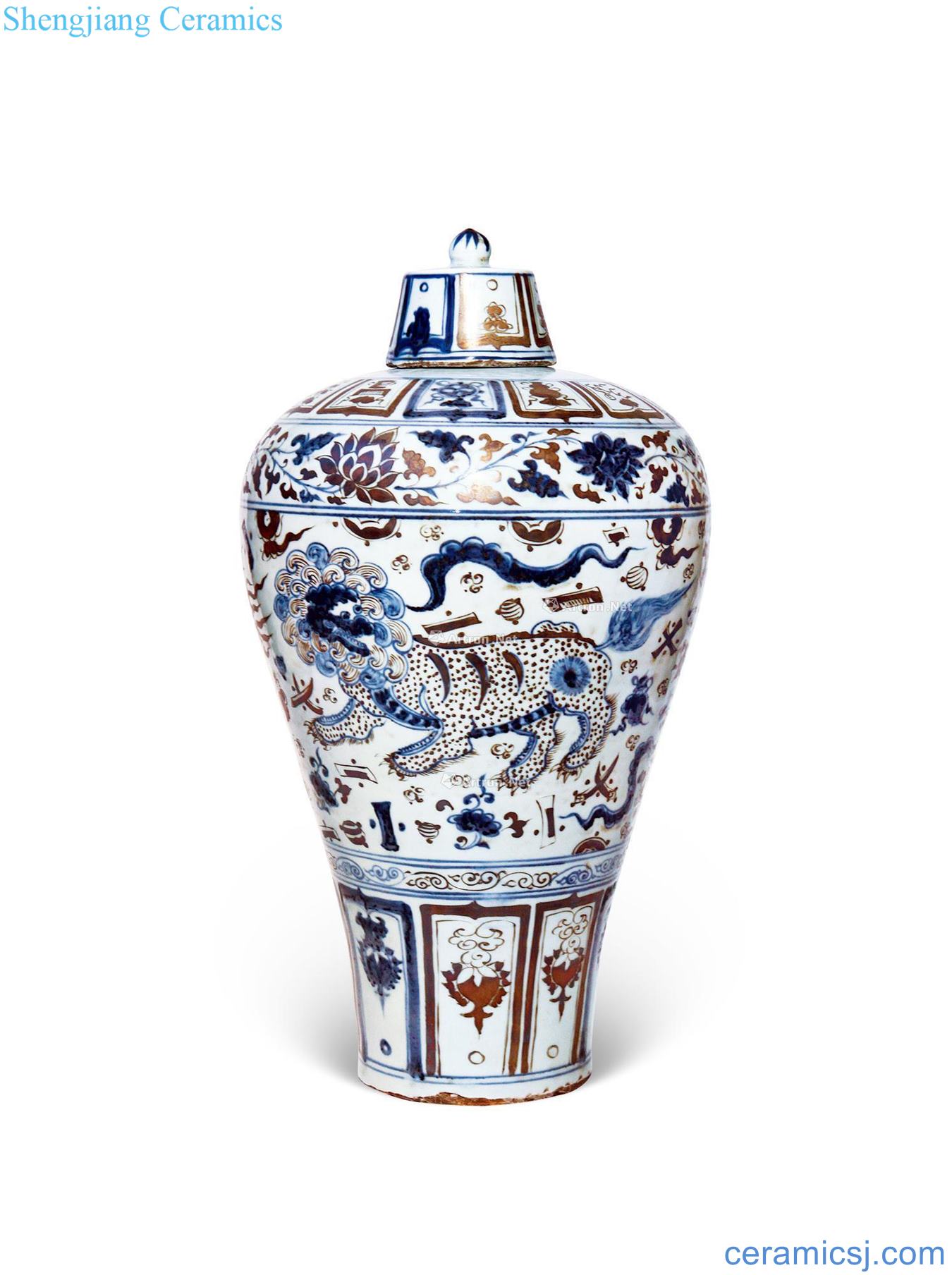 The yuan dynasty Blue and silver color double lion grain mei bottle