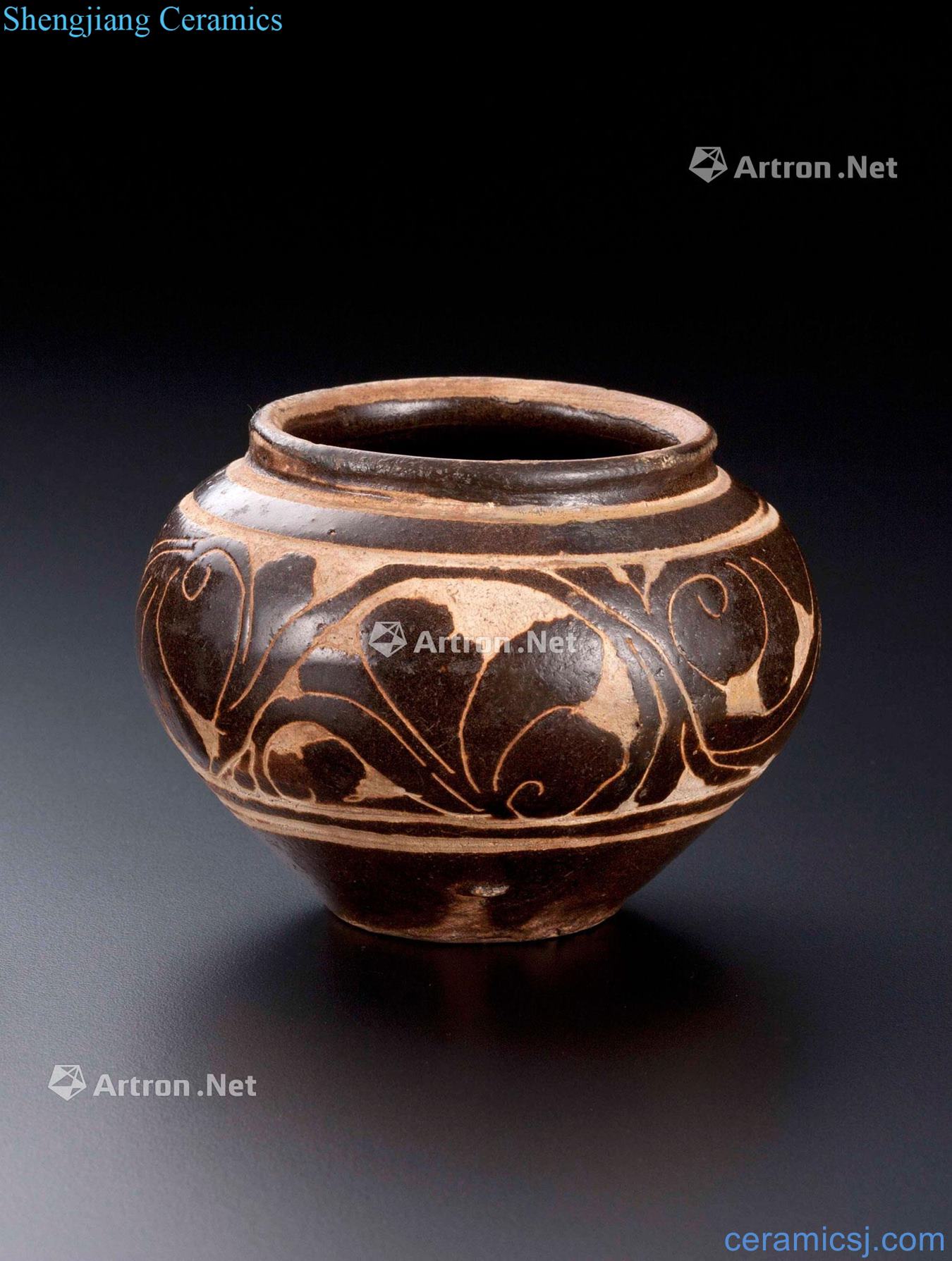 Xixia brown glazed carved flower grain canister