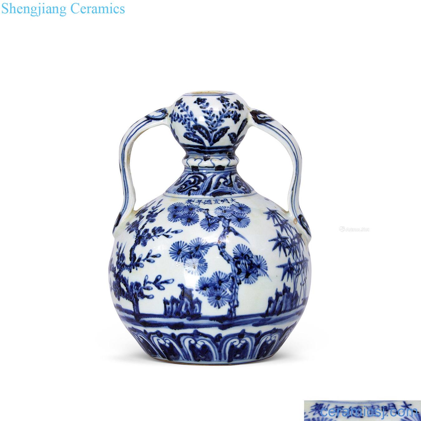 Ming xuande Blue and white shochiku MeiWen ribbon garlic bottles