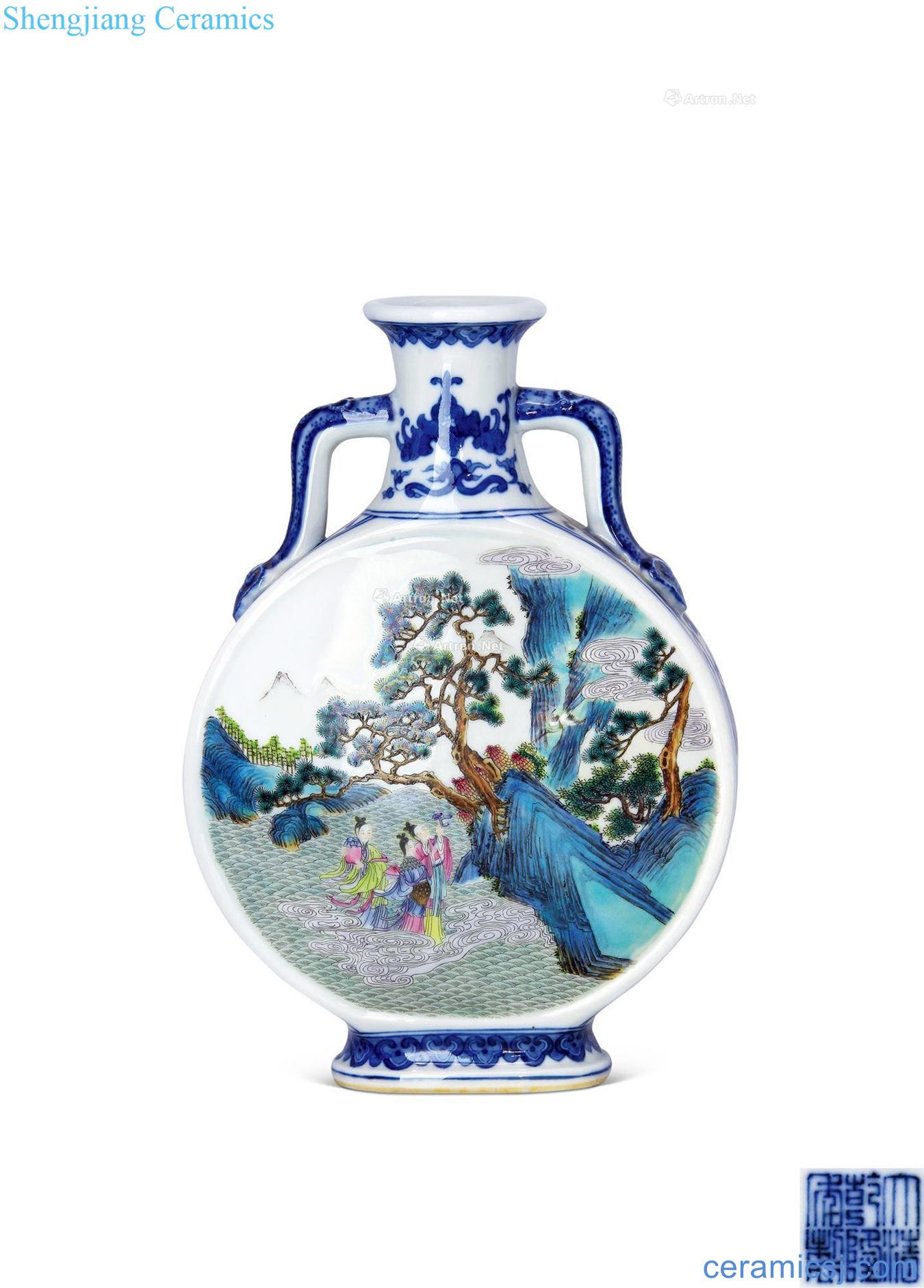 Qianlong blue ears flat pot pastel landscape characters