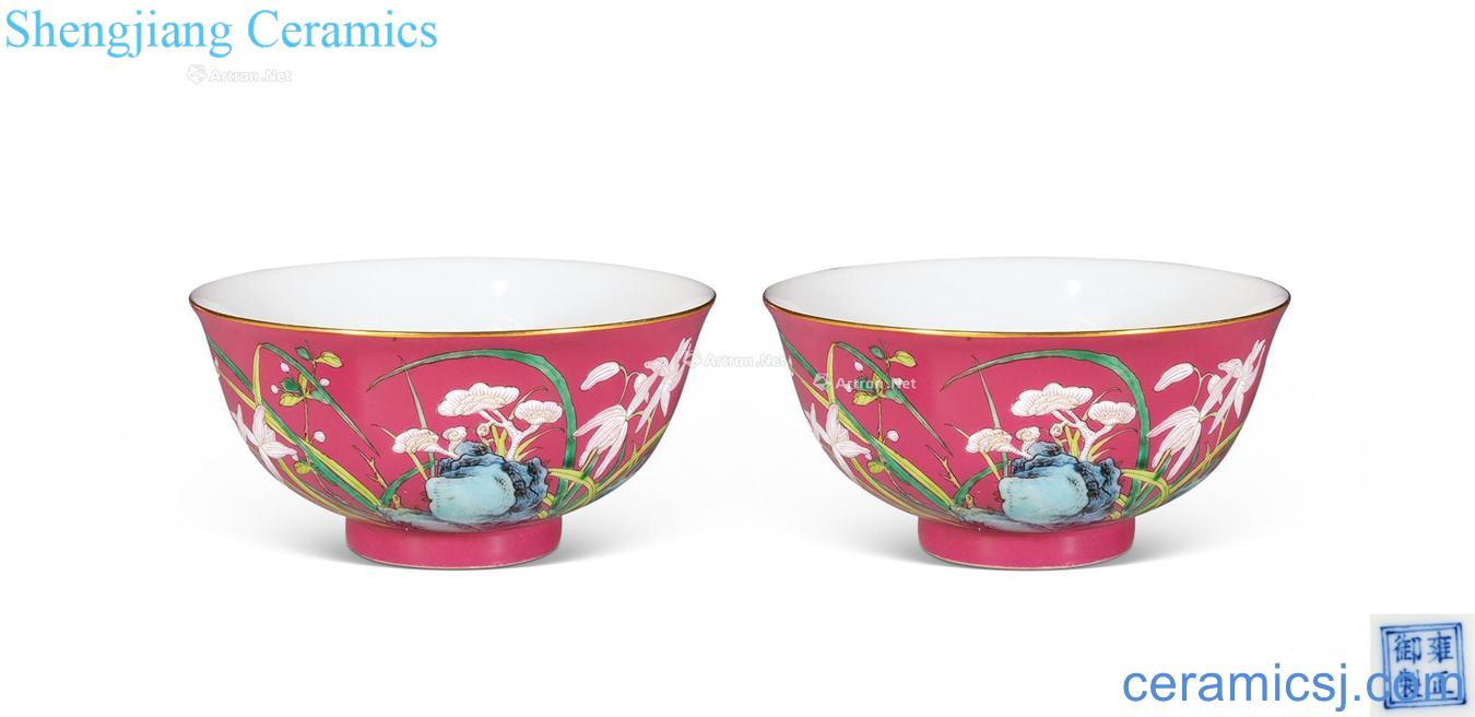 Yongzheng colored enamel kam pastel flowers green-splashed bowls (a pair)