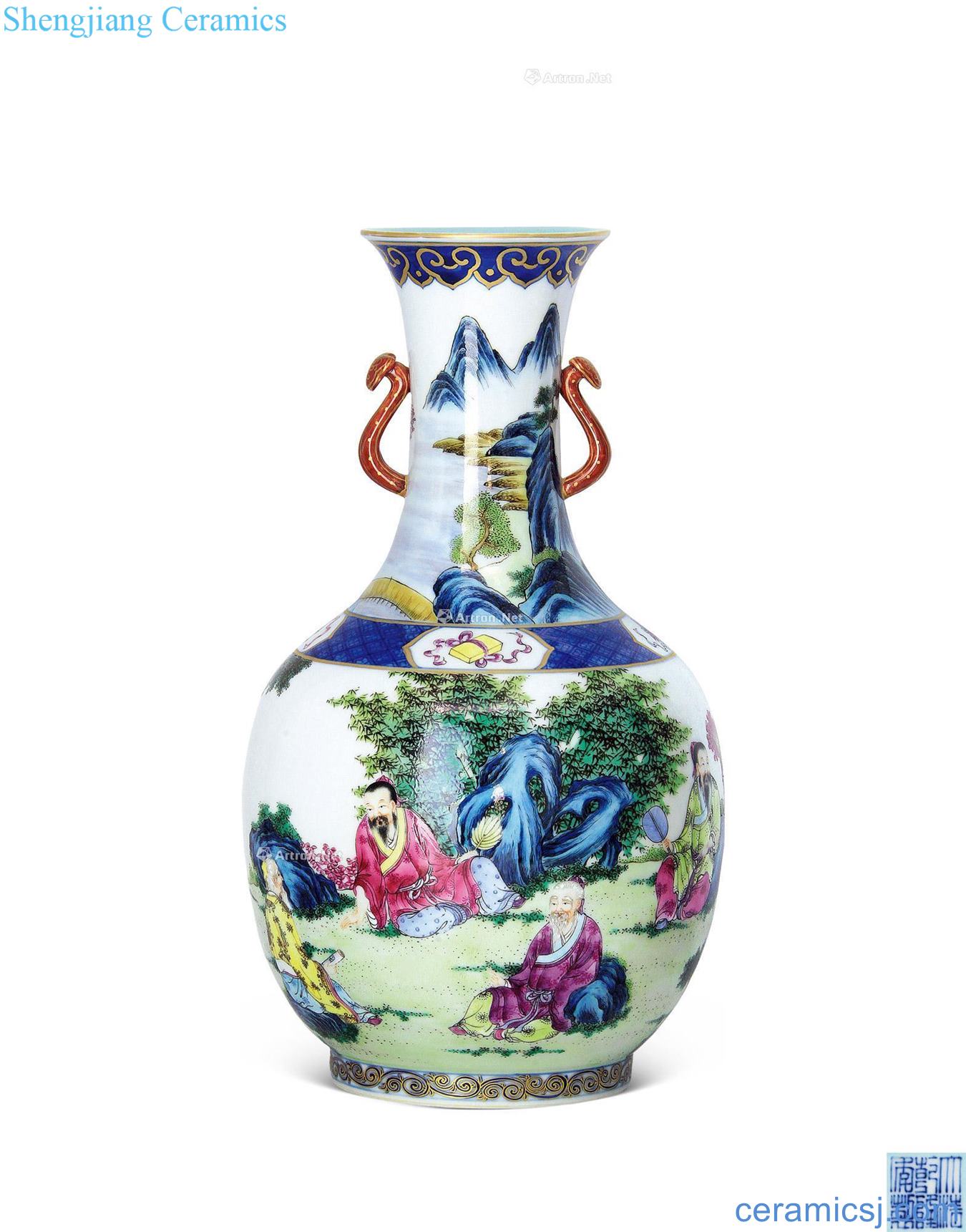 Qianlong porcelain enamel paint landscape character double ears