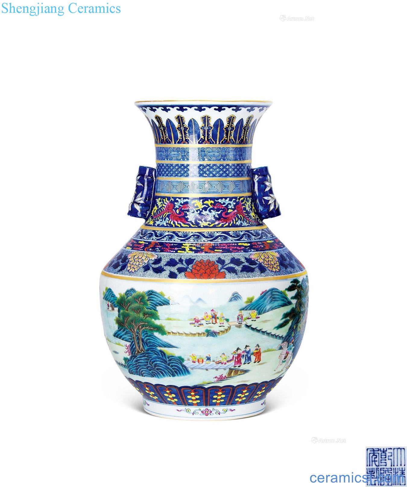 Qing qianlong Blue and white pastel landscape character penetration ears