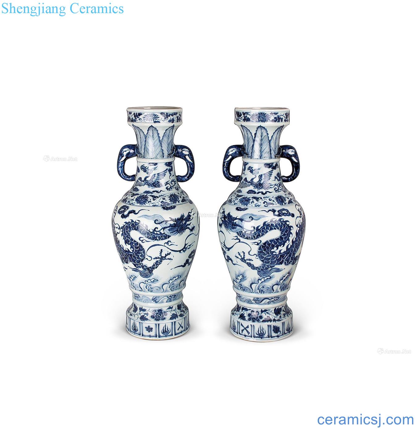 The yuan dynasty Blue sea dragon double elephant dish buccal bottle (a)