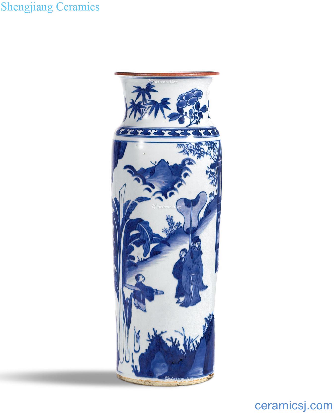 Qing shunzhi Blue and white figure cylinder bottles to visit xian