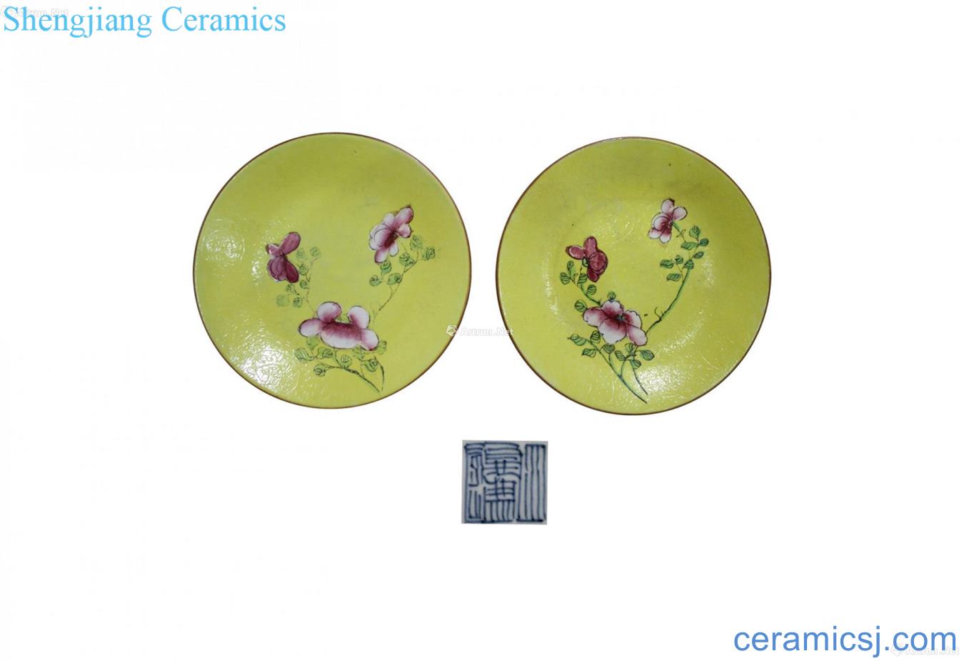 Yellow powder enamel flower tray A pair of