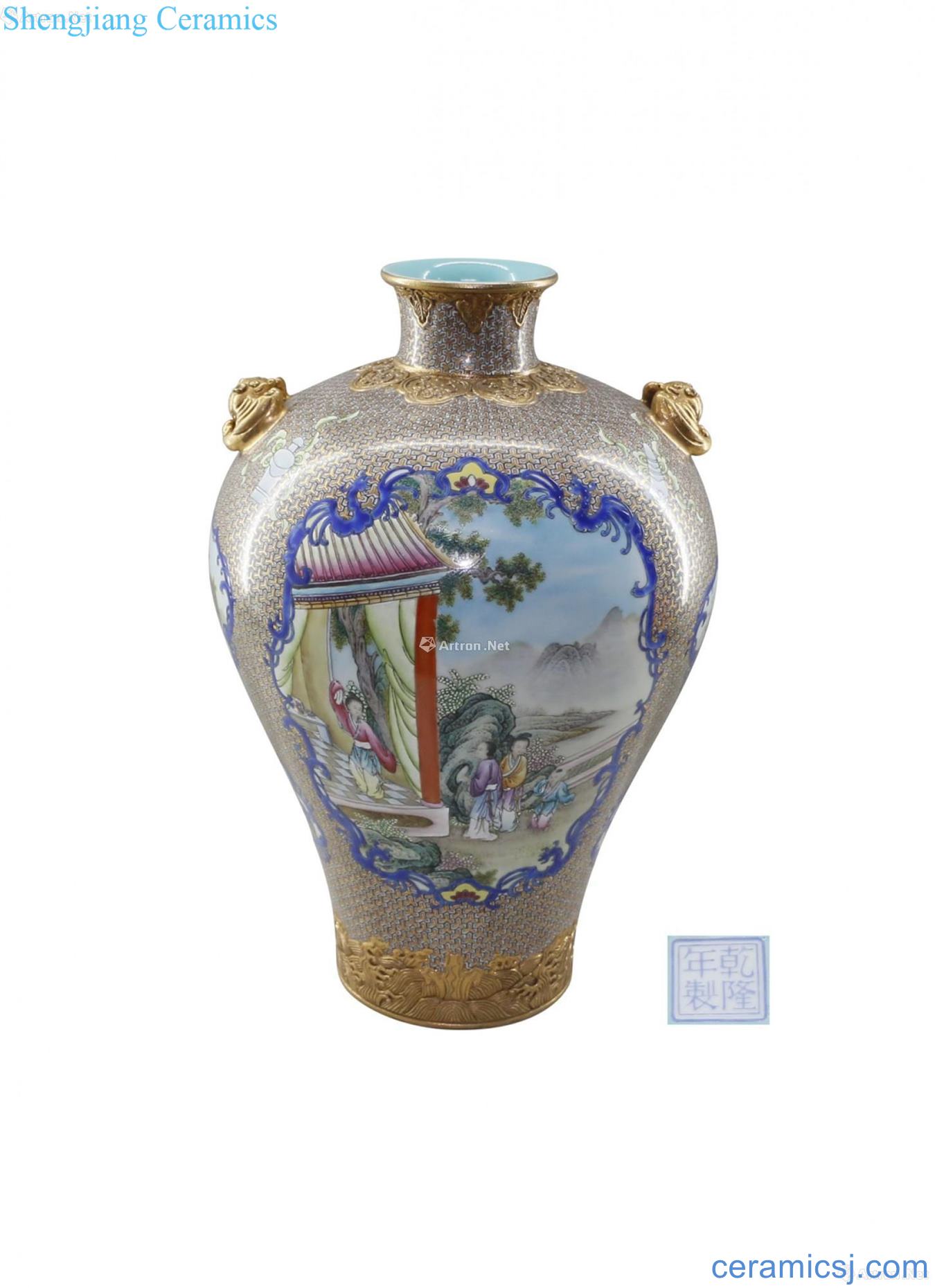Blue colour famille rose medallion traditional Chinese grain mei bottle