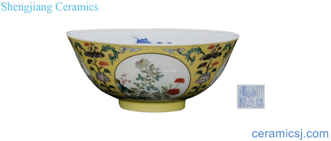In blue and white outer enamel medallion bowl of flowers