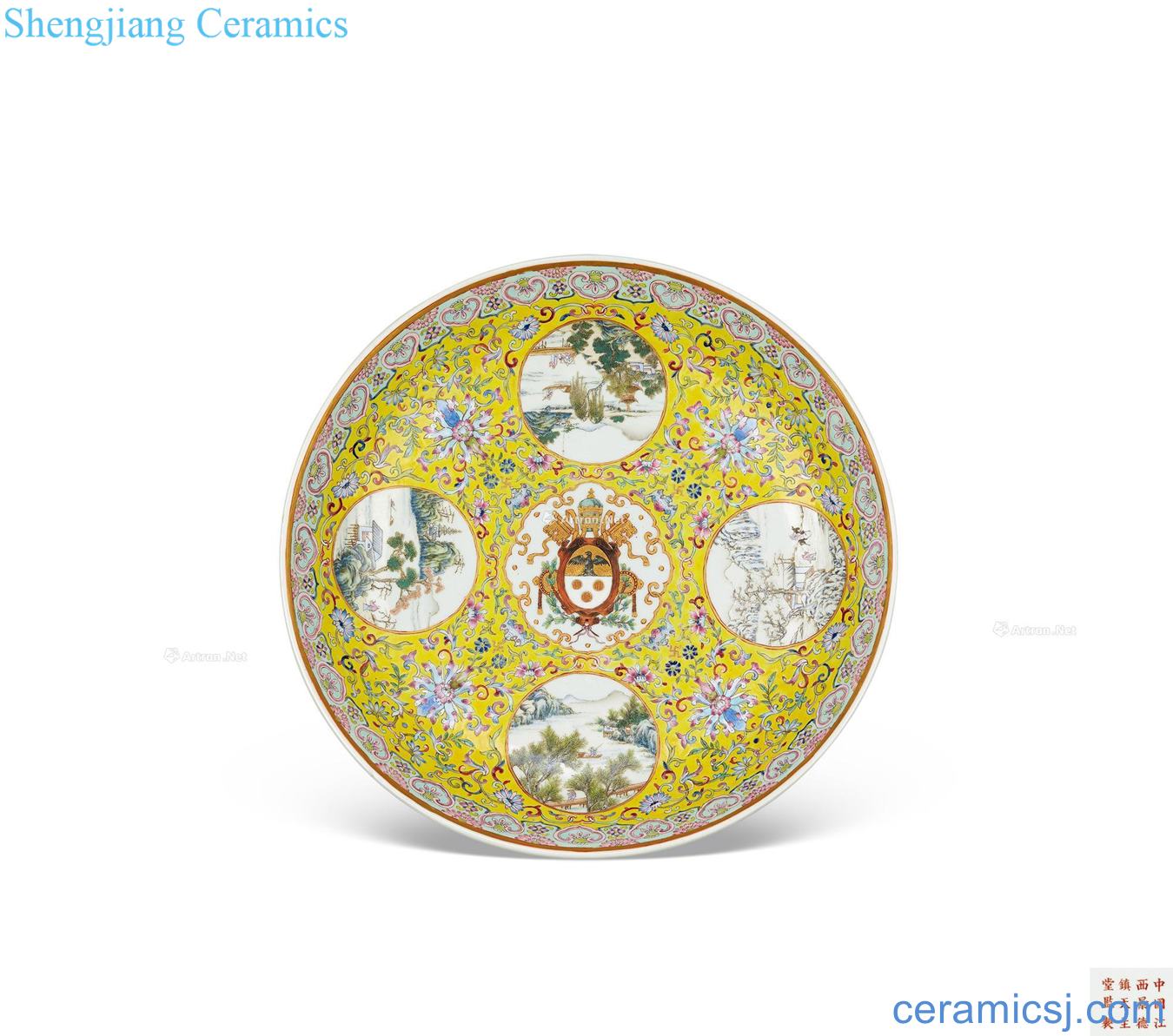 Qing guangxu Badge to pastel yellow medallion scenery figure