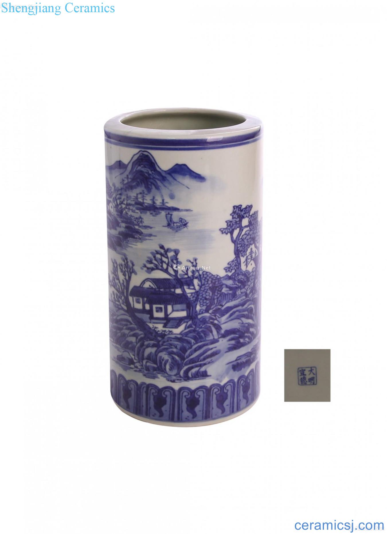 Blue and white landscape pattern brush pot