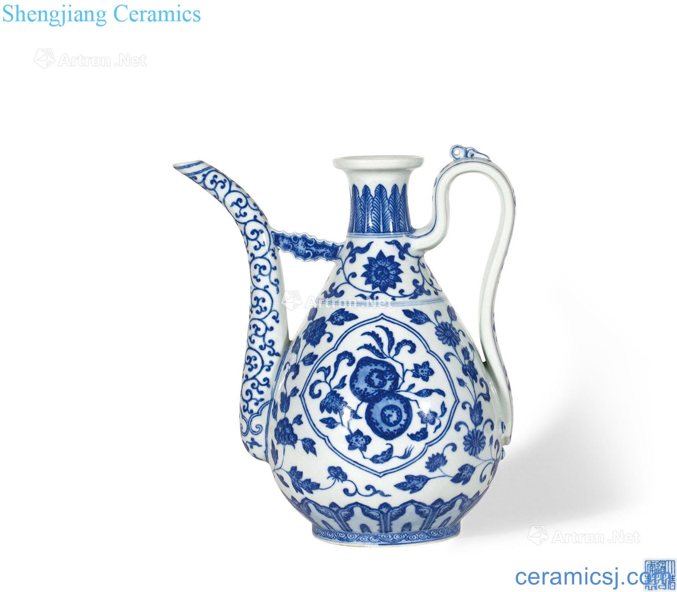 Qing daoguang Blue and white flower medallion red fruit grain ewer fold branches