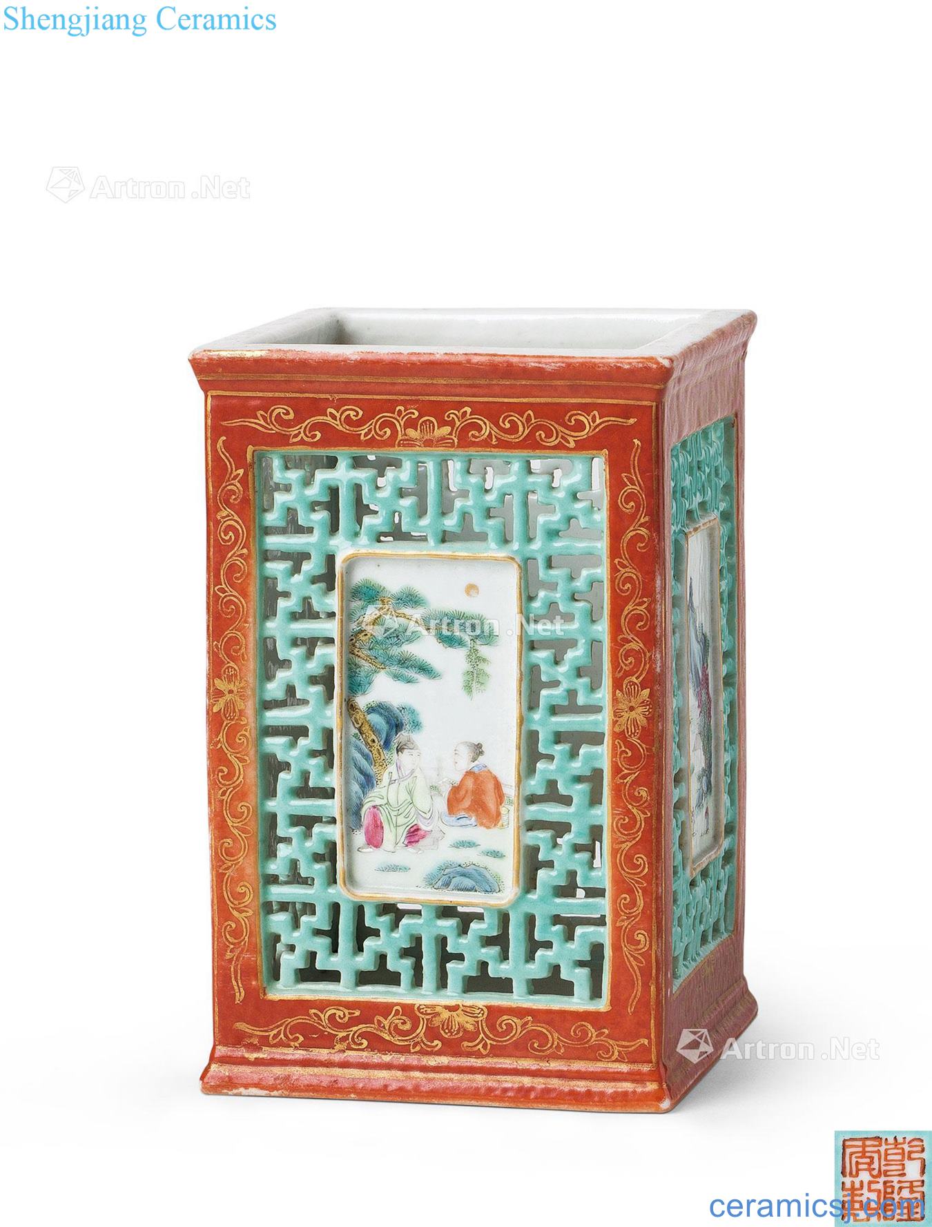 Qing qianlong All red colour hollow-out medallion pastel landscape square brush pot