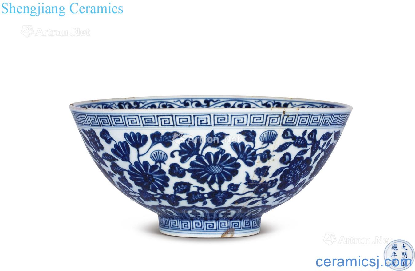 Ming xuande Blue and white peony grains 鶏 yan heart bowl