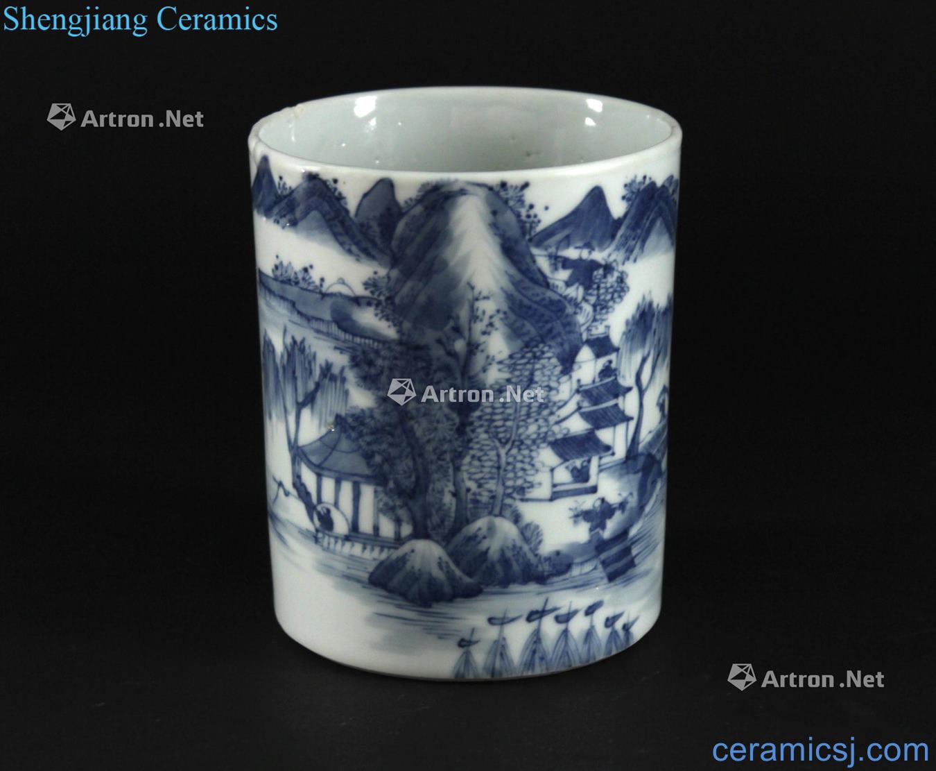 The late qing dynasty Blue and white landscape pen container