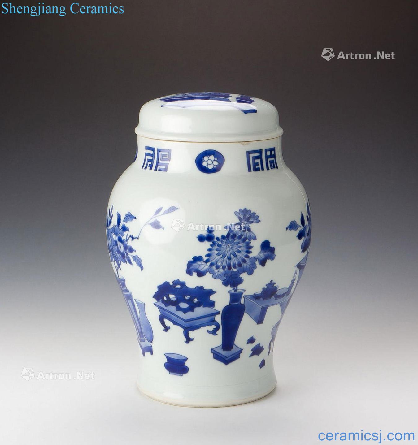 Qing shunzhi Blue and white antique grain big lotus seeds cans