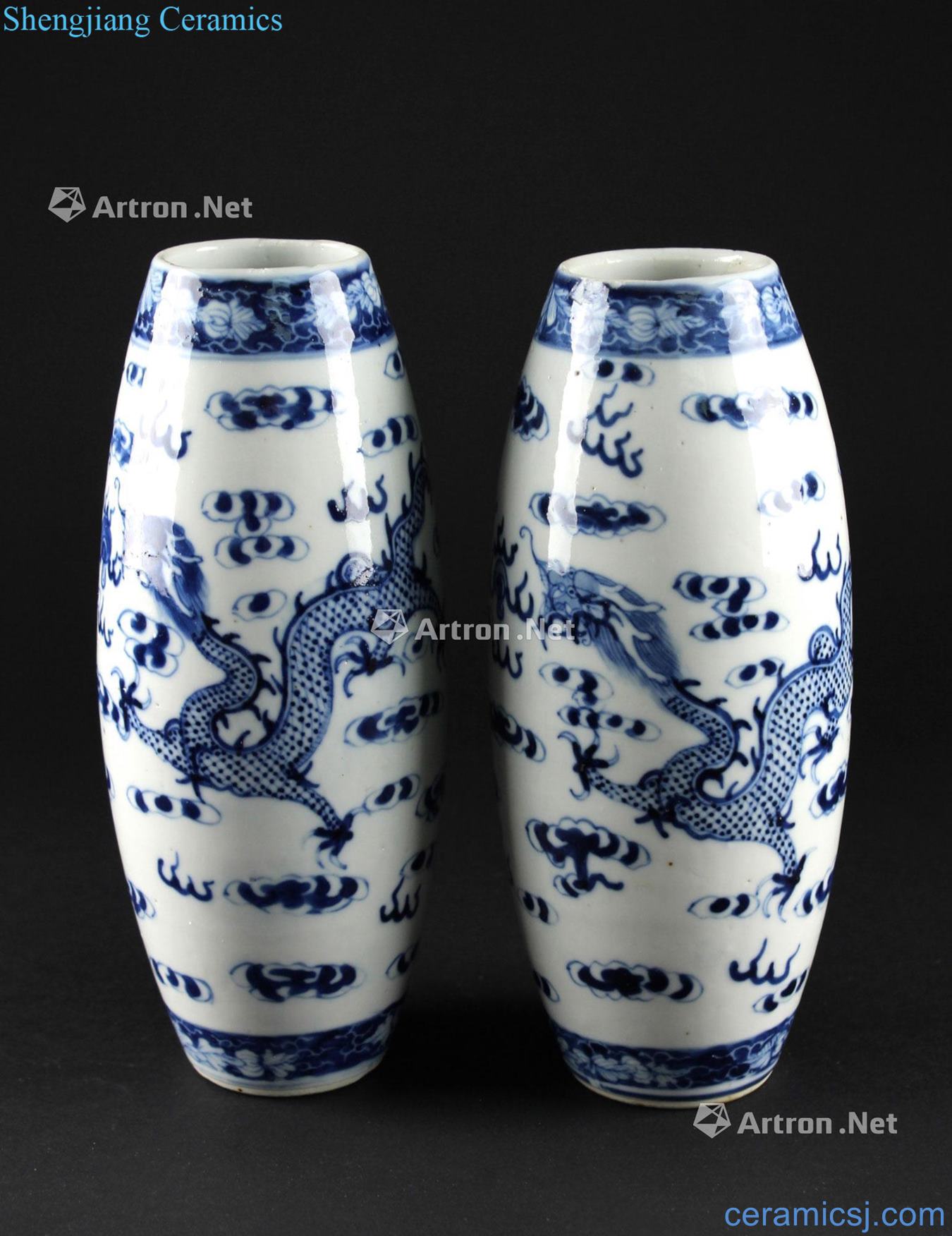Qing guangxu Blue and white dragon playing pearl grain conical flask (a)