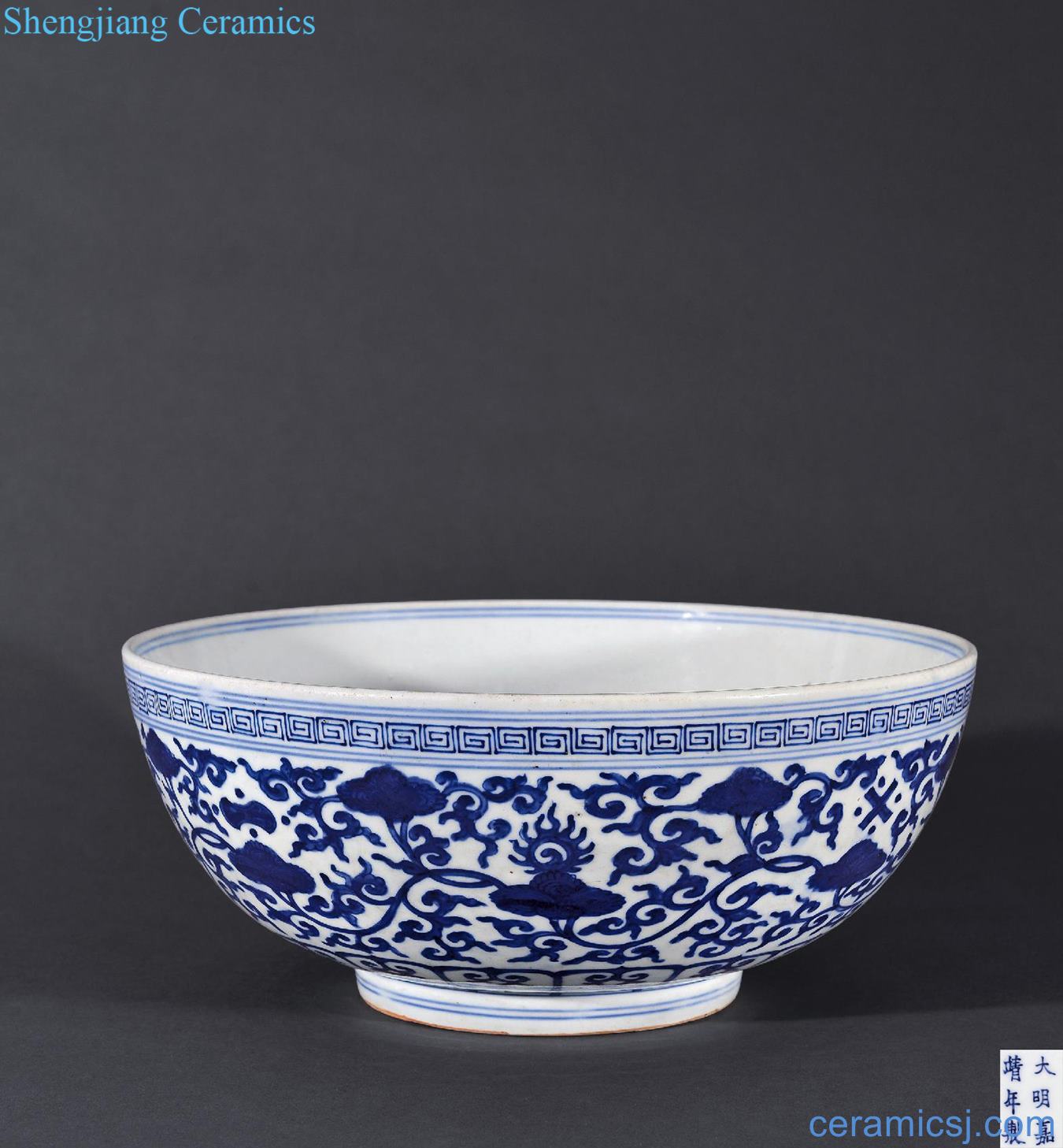 Ming jiajing Blue and white tie up branch flowers big bowl
