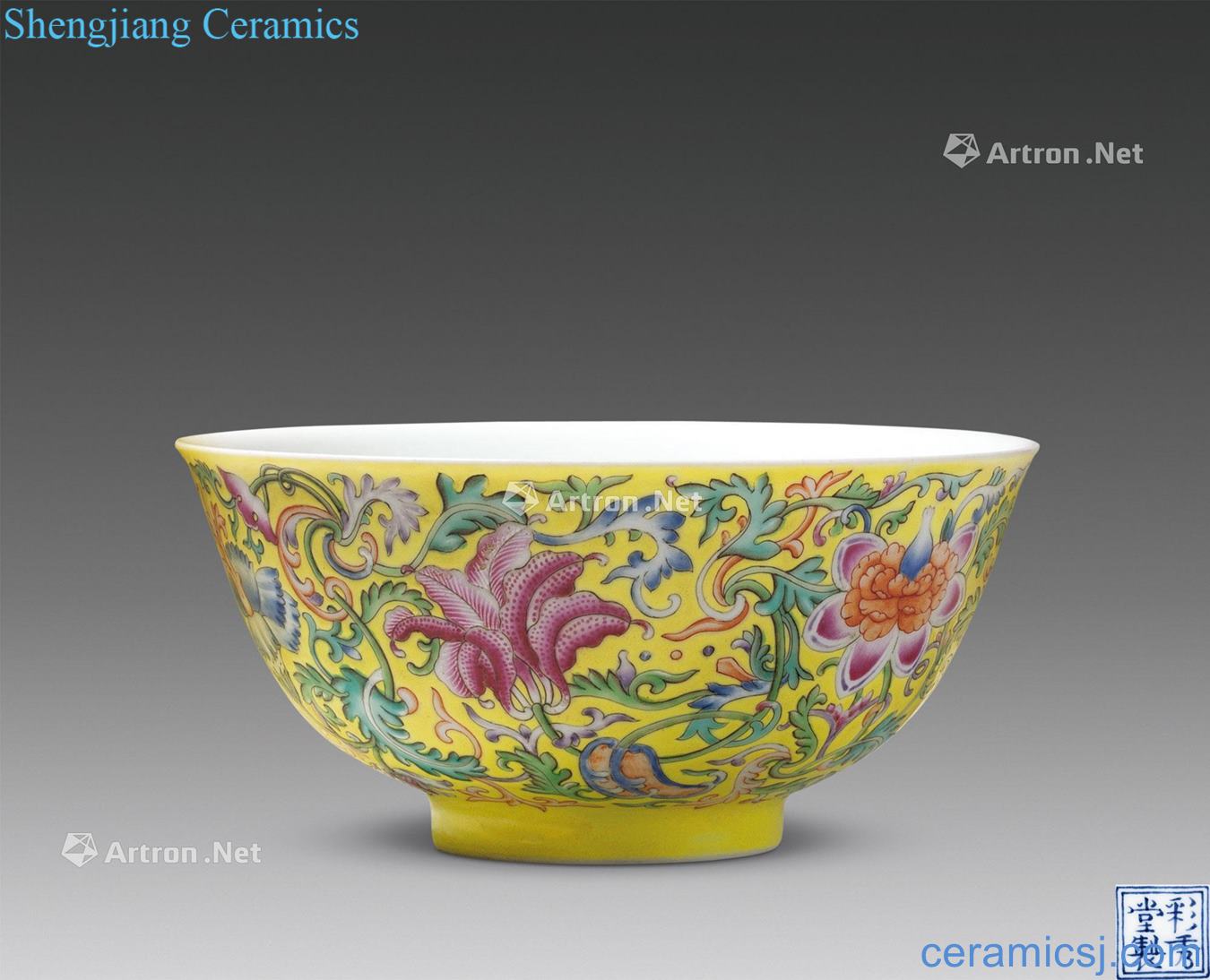 Qing qianlong to pastel yellow flowers green-splashed bowls bound branches