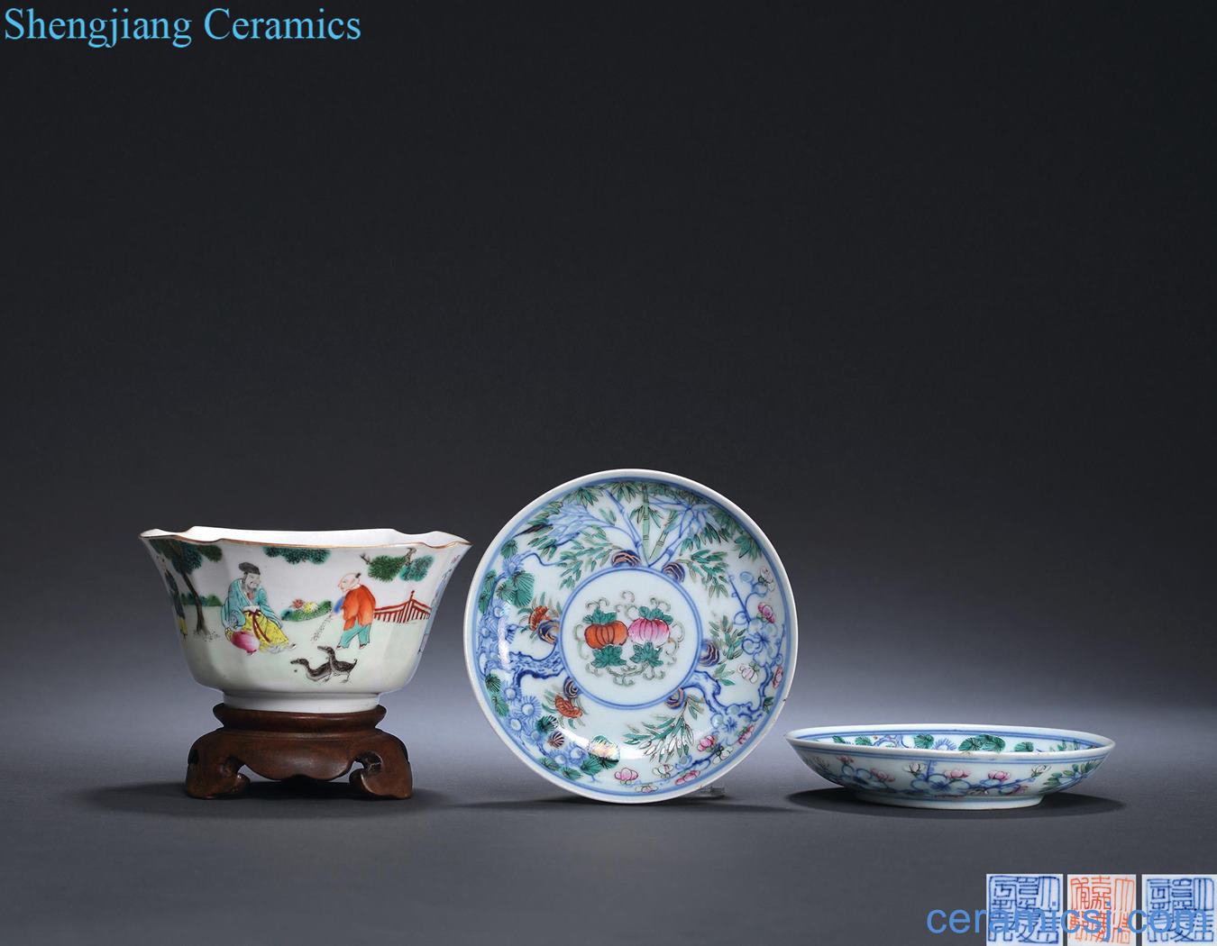 Qing jiaqing pastel cross the lad flower bowl, porcelain enamel, poetic figure plate (a)