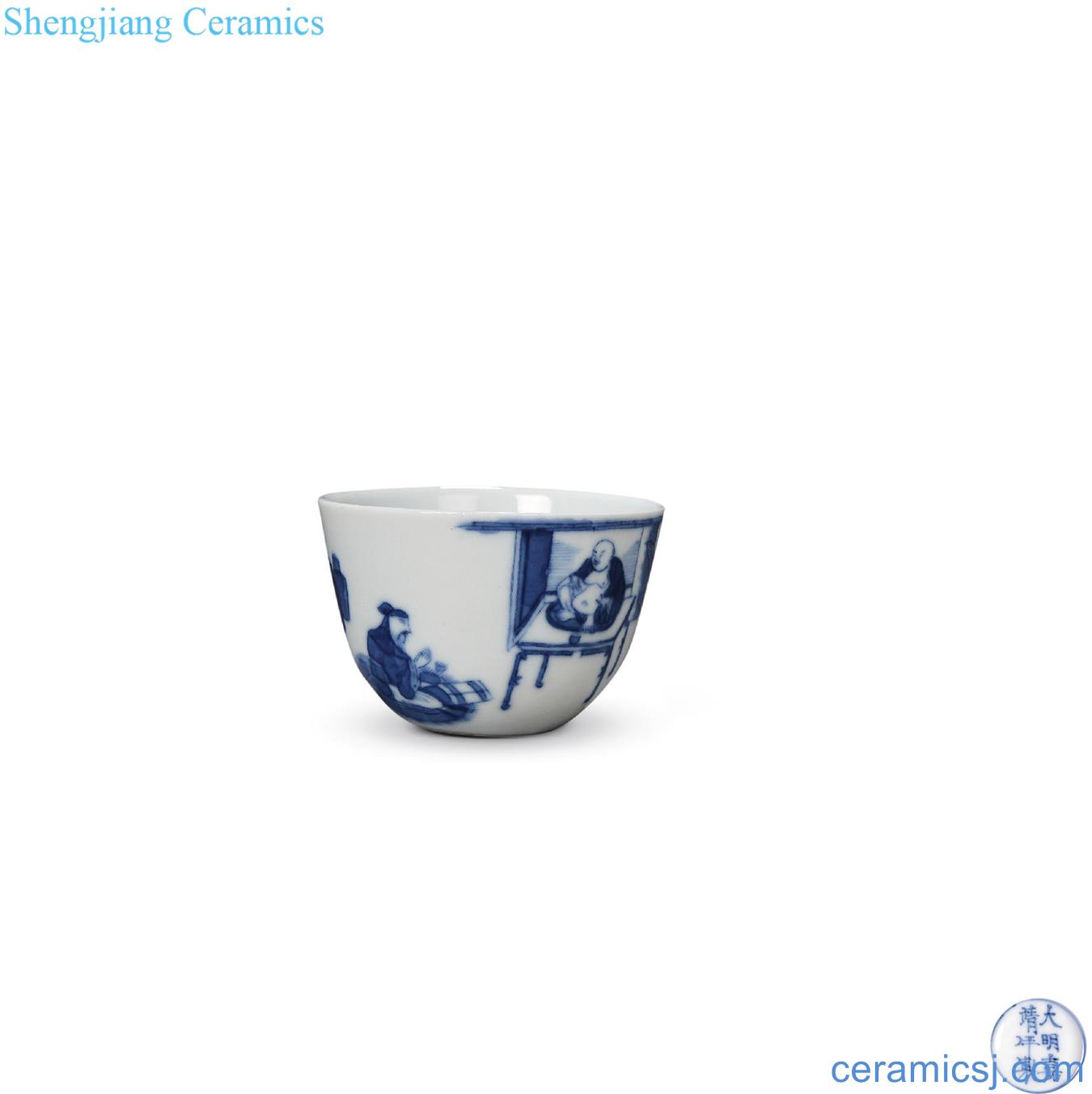 Mid qing Blue and white Su Jin zen poetry lie the fa cup