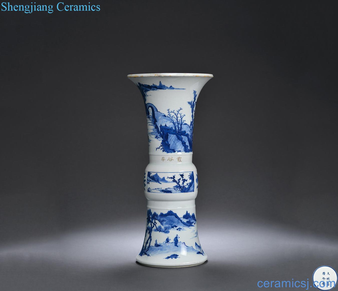 The qing emperor kangxi Blue and white landscape pattern vase with flowers