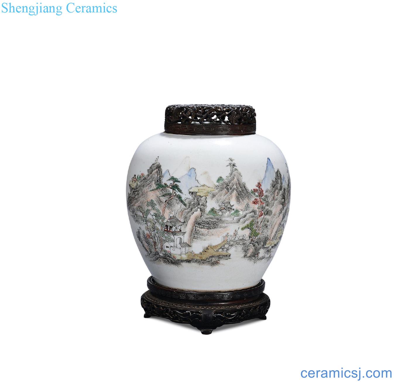 Qing yongzheng pastel landscape character canister
