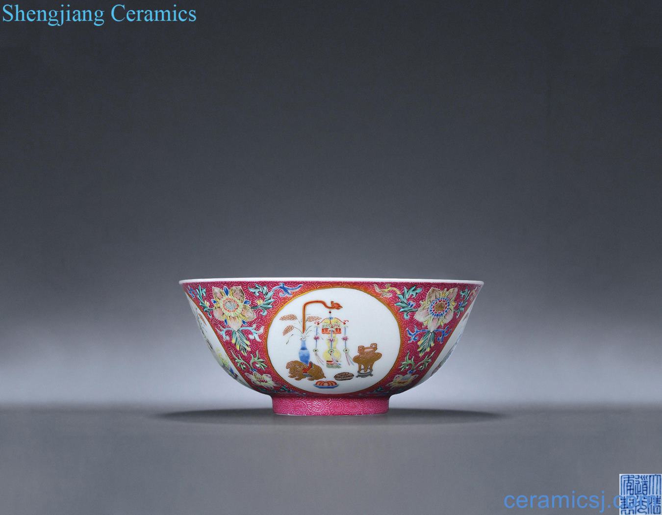 Qing daoguang Carmine rolling way medallion pastel antique bowl