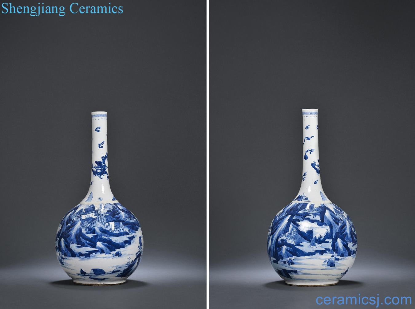 The qing emperor kangxi Blue and white landscape character taper bottle