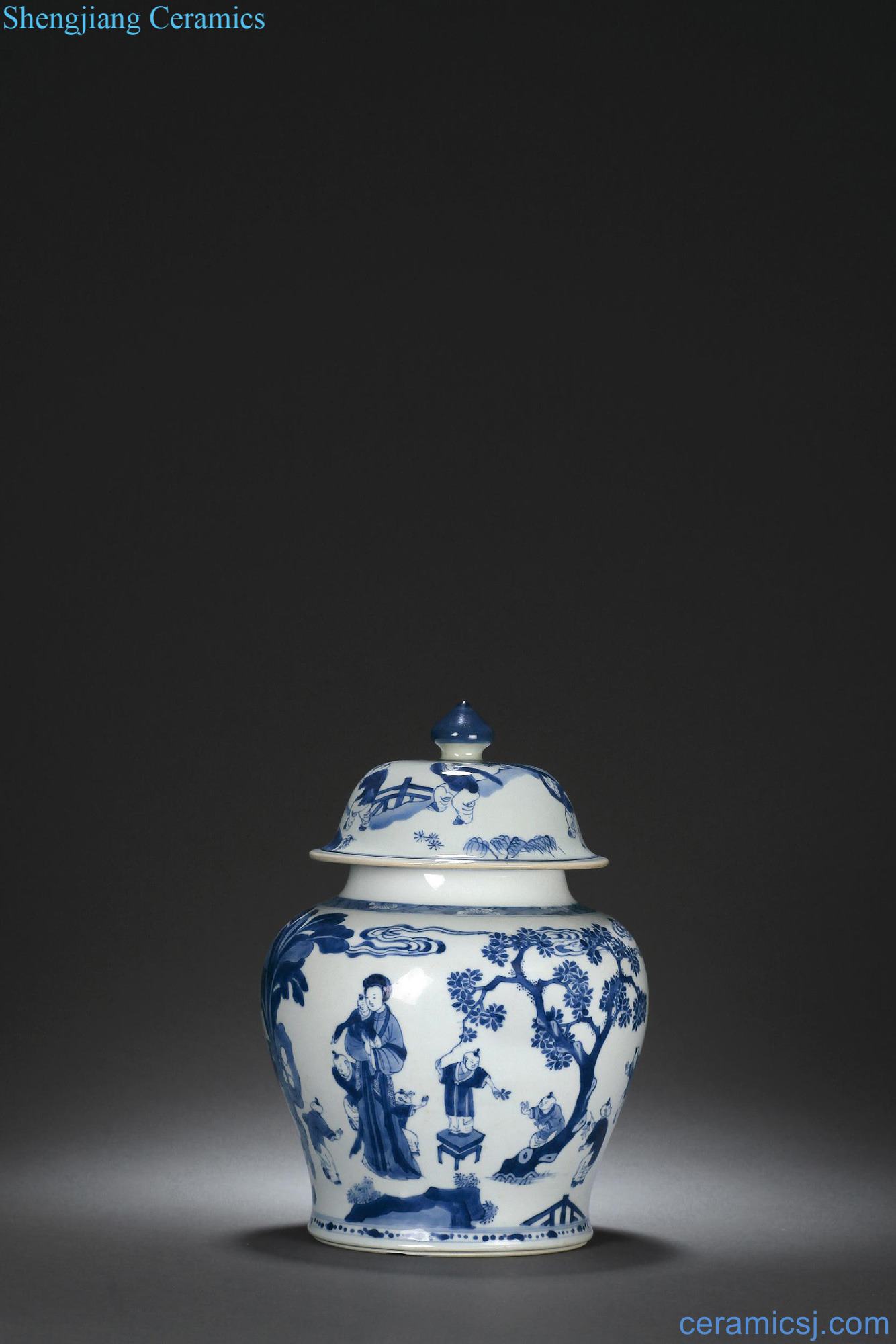 The qing emperor kangxi Blue and white lady baby play the general tank