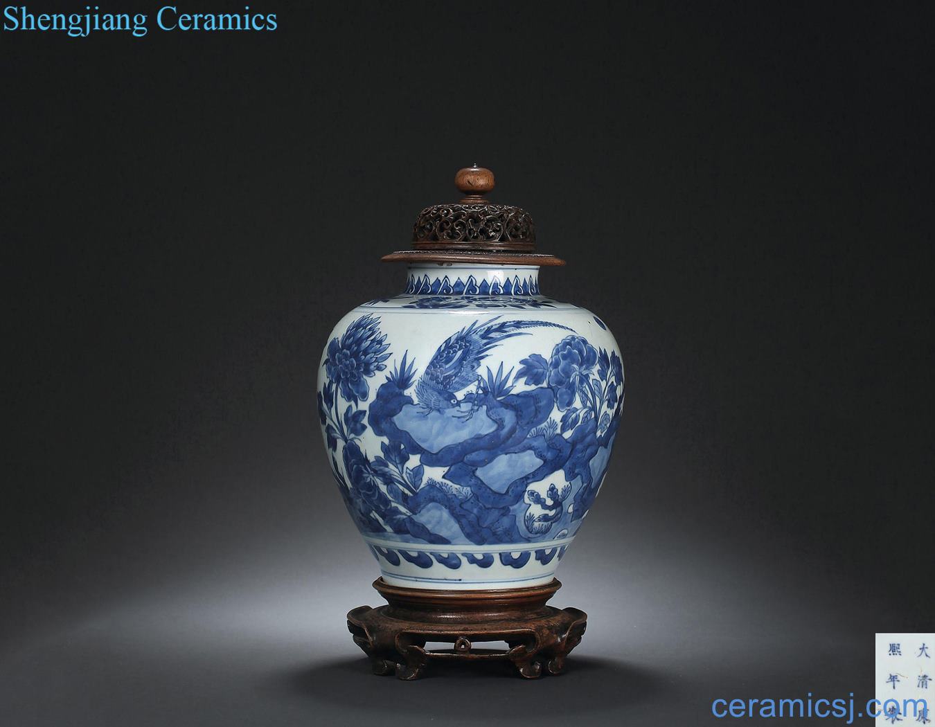 The qing emperor kangxi Blue and white pheasant peony grains cans
