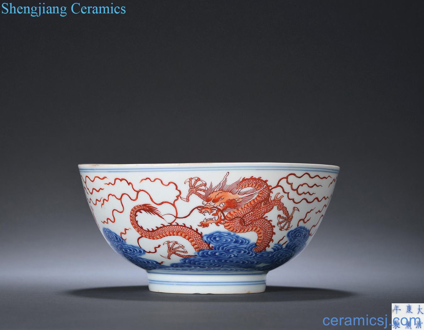 The qing emperor kangxi Blue and white alum red sea water dragon grain big bowl