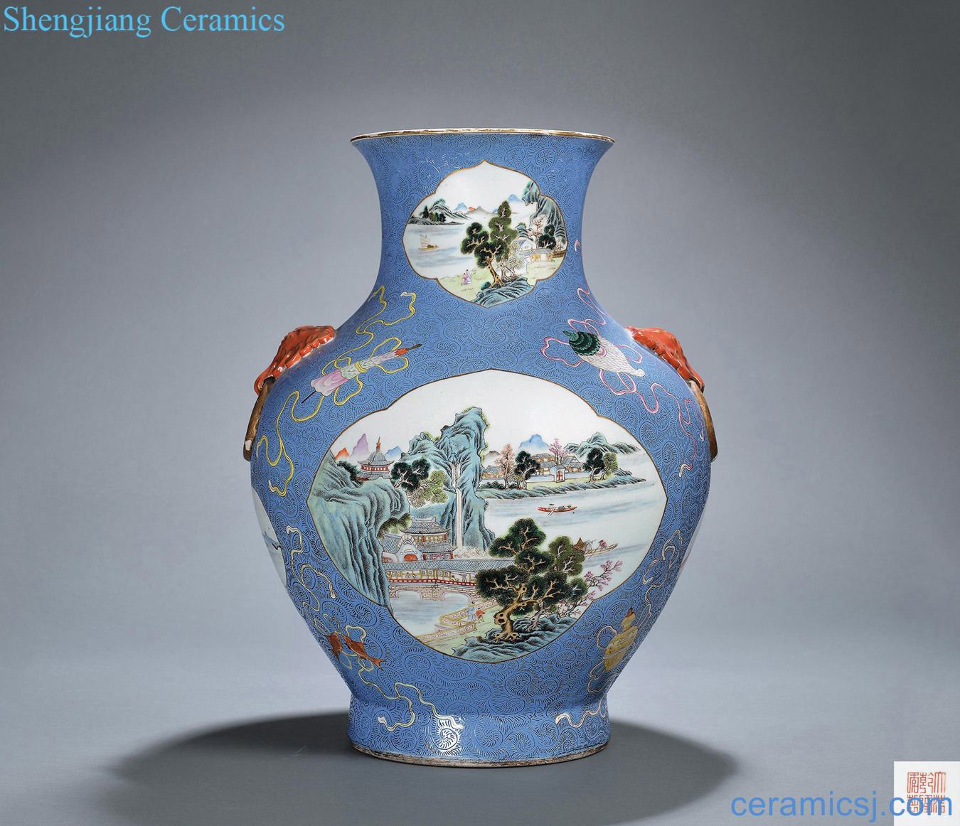 In late qing dynasty blue shop eight auspicious medallion pastel landscape rolling road, first