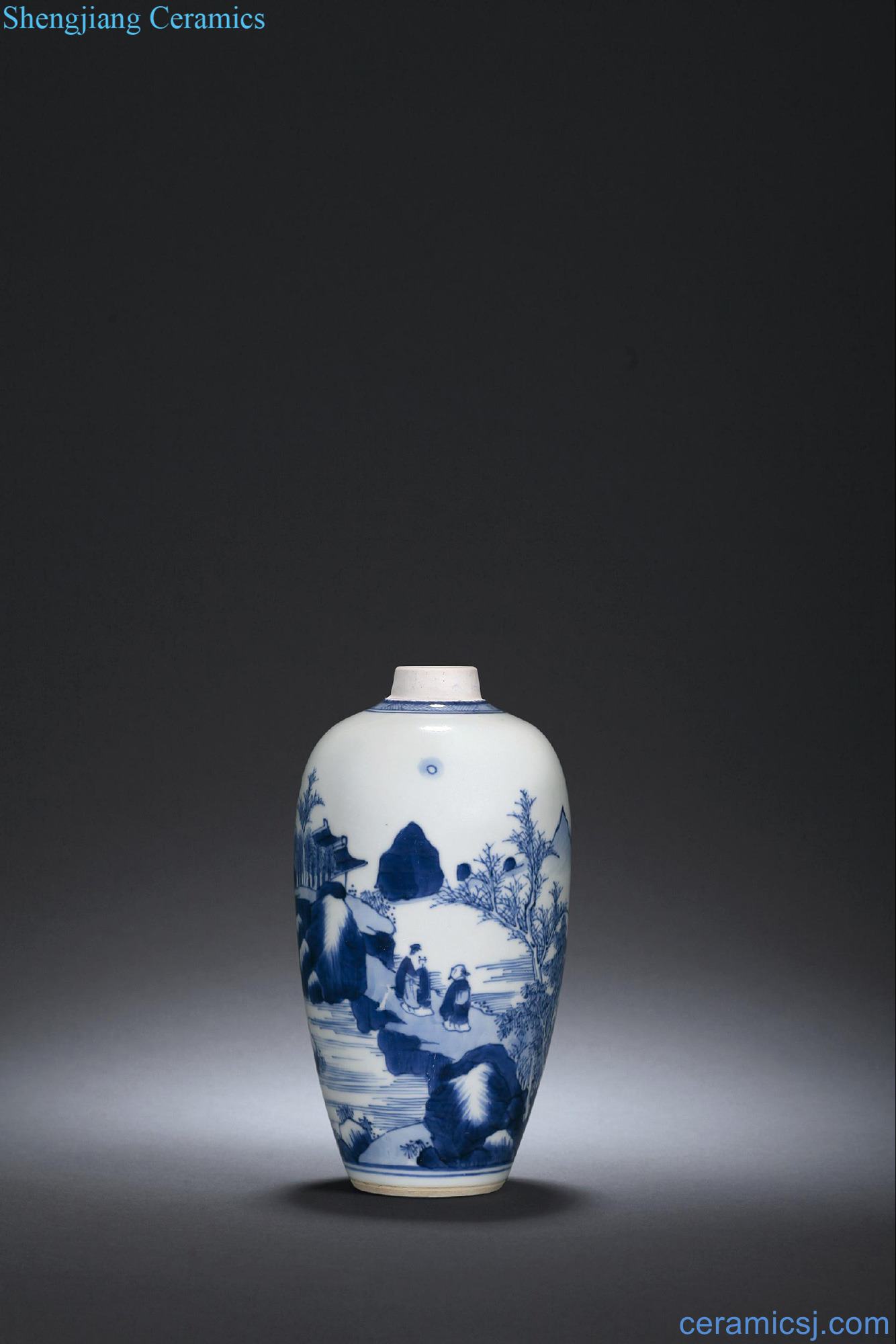 The qing emperor kangxi Blue and white landscape coats small mouth bottle