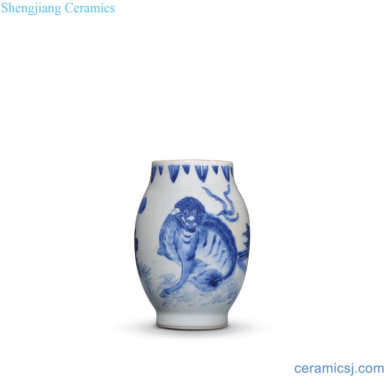 The late Ming dynasty Blue and white unicorn small lotus seeds cans