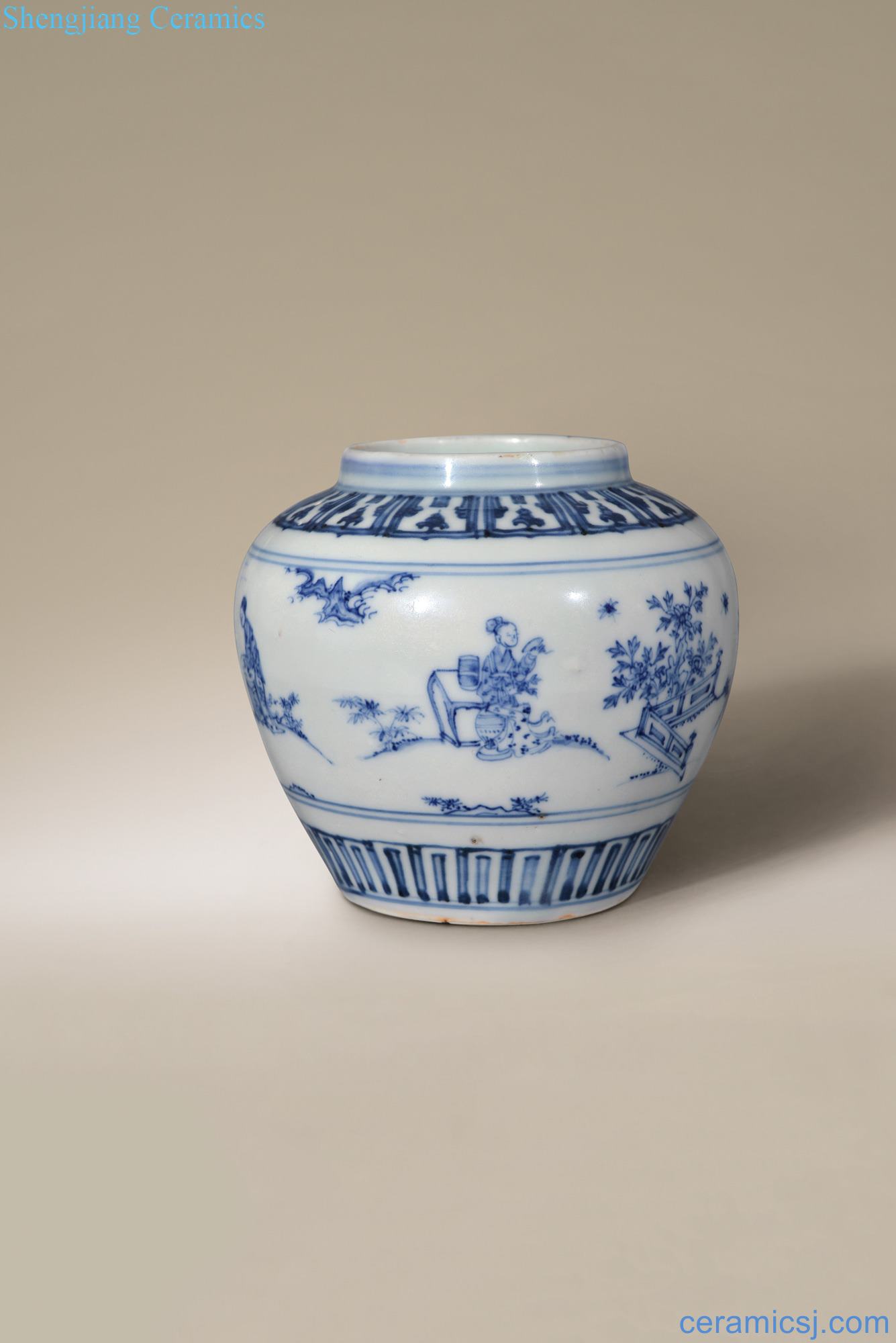 In blue and white garden ladies - hongzhi canister