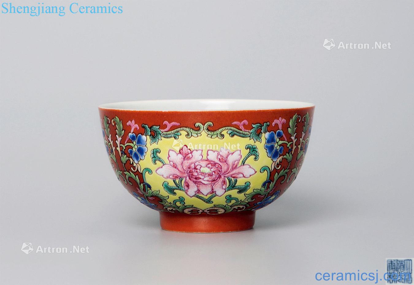 Qing daoguang Coral red pastel flowers green-splashed bowls