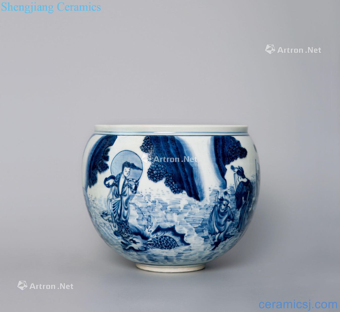 Ming chongzhen Blue and white dragon king worship guanyin water bowl
